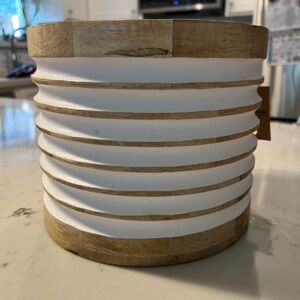 Wood and White Ribbed Decorative Planter